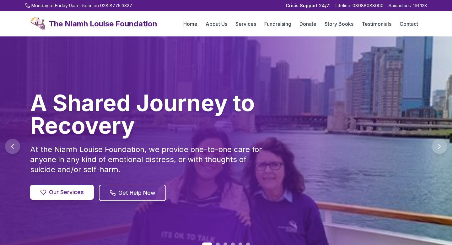 Niamh Louise Foundation website — top of homepage showing navigation and hero section, designed by Krypton Design